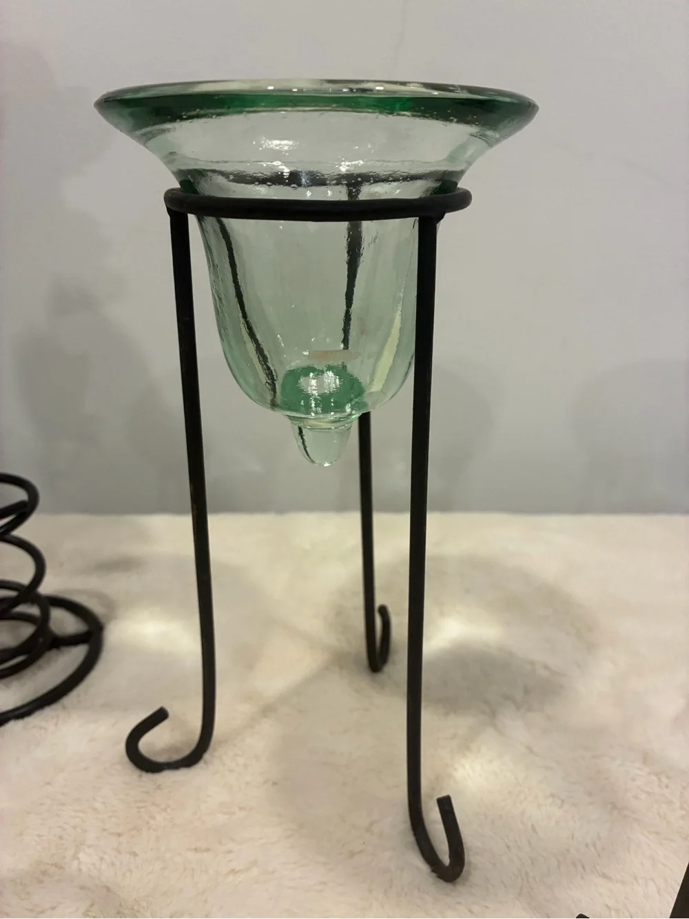 Green Tinted and Glass Candle Holders on Wrought Iron Metal Stand Set of 3
